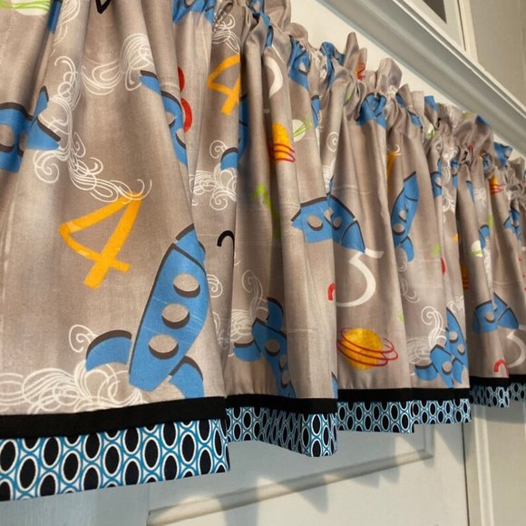 2 Panels Rockets Gray Blue Mid Century Modern Window Valance Curtains - Picture 1 of 5